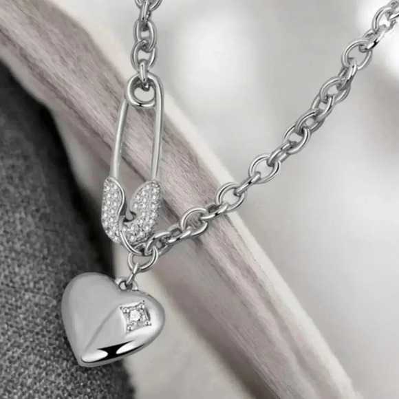 ποΈDazzling S925 Sterling Silver Heart Charm Necklace with Safety Pin Pendant - Picture 3 of 13